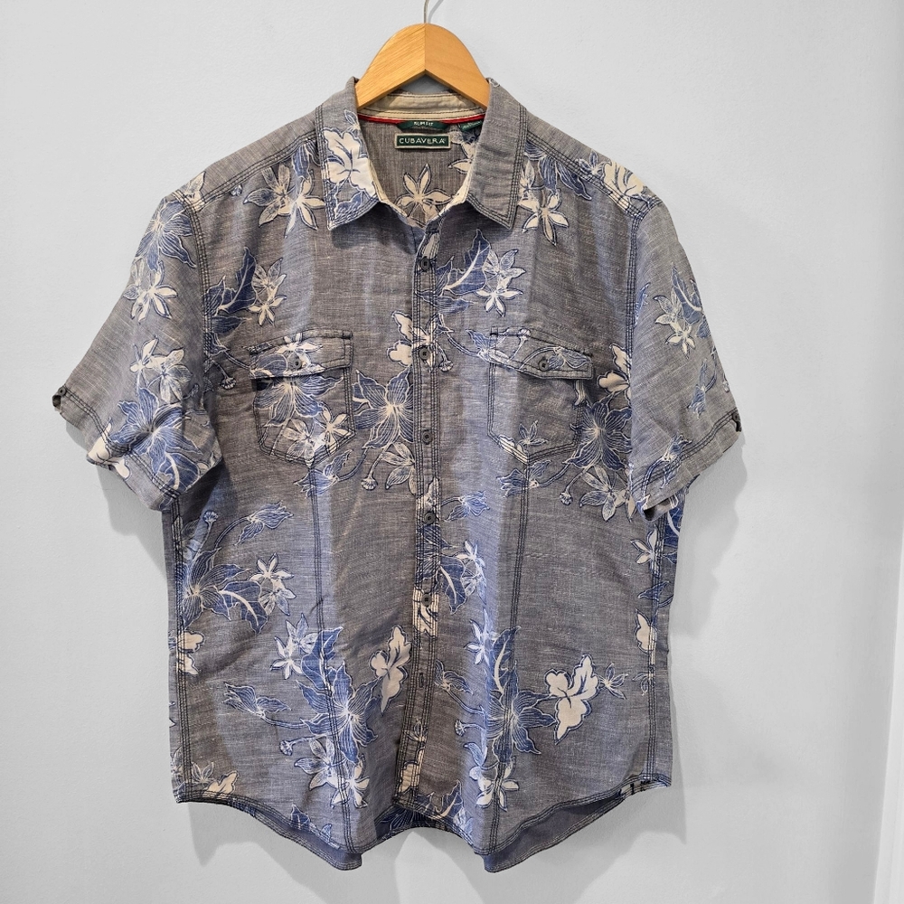 Cubavera Linen Blend Reverse Hawaiian Print Shirt - Slim Fit - Men's Size XL